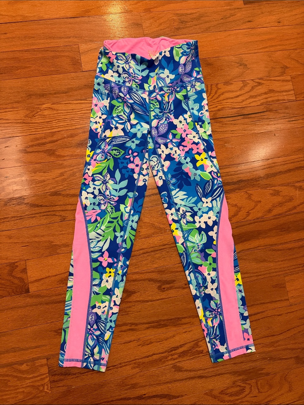 Lilly Pulitzer Blue Floral Leggings with Pink Side Panels